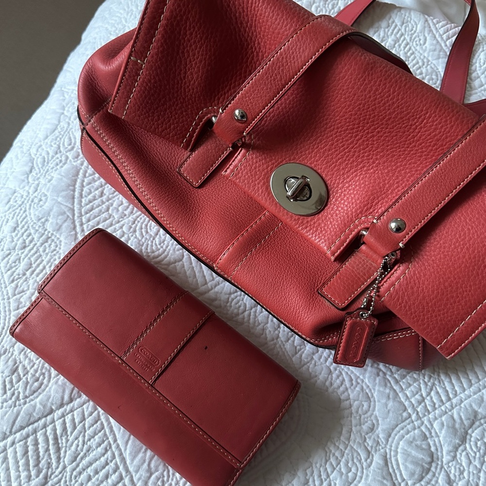 Coach Orange Leather Satchel w/ Matching Wallet & Silver Turnlock